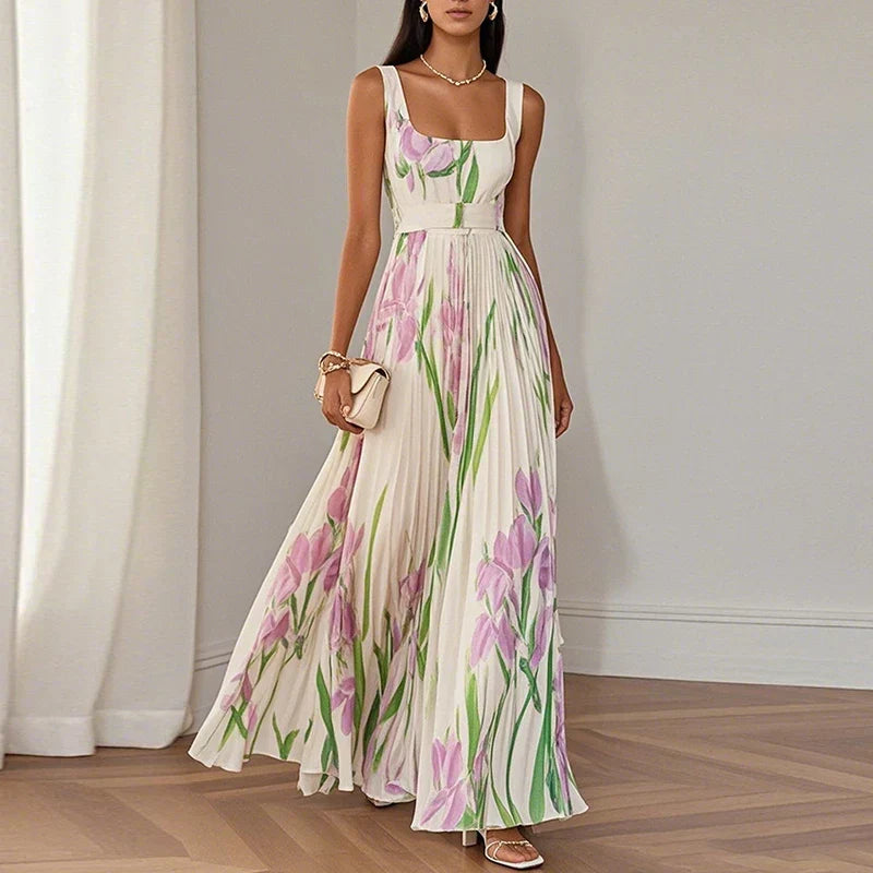 Women's Pleated Floral Maxi Dress with Square Neck