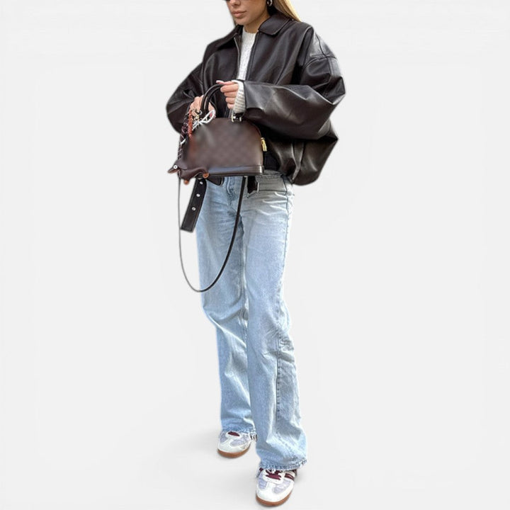 Women's Oversized Belted Bomber Jacket with Zip Front