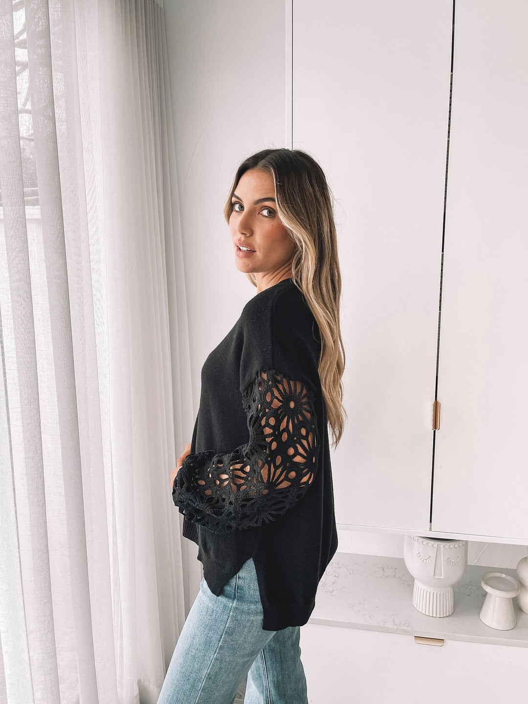 Women's Lace Sleeve Crew Neck Sweater