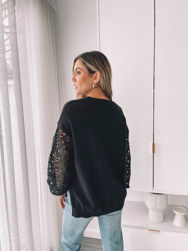 Women's Lace Sleeve Crew Neck Sweater