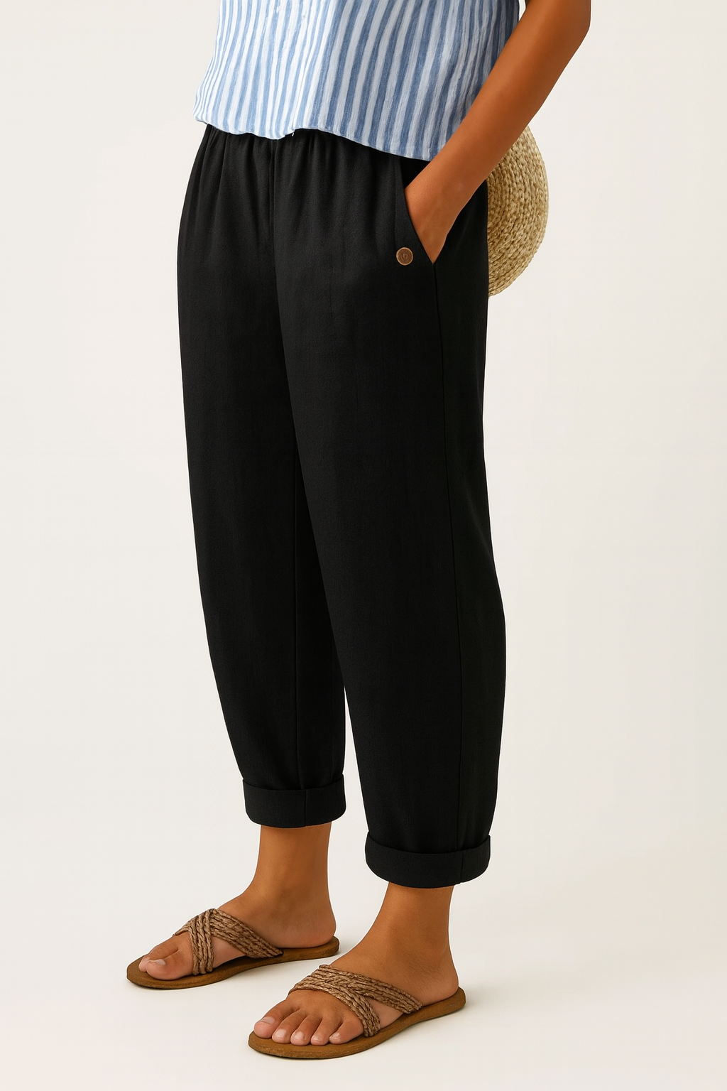 Women's Linen Tapered Pants with Cuffed Hem