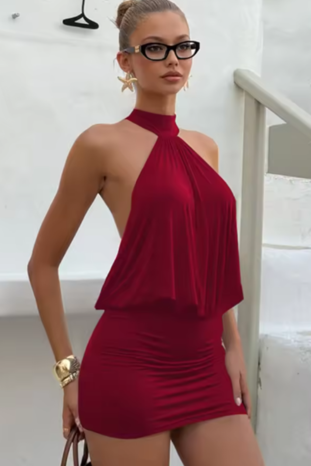 Women's Halter Neck Ruched Bodycon Mini Party Dress
