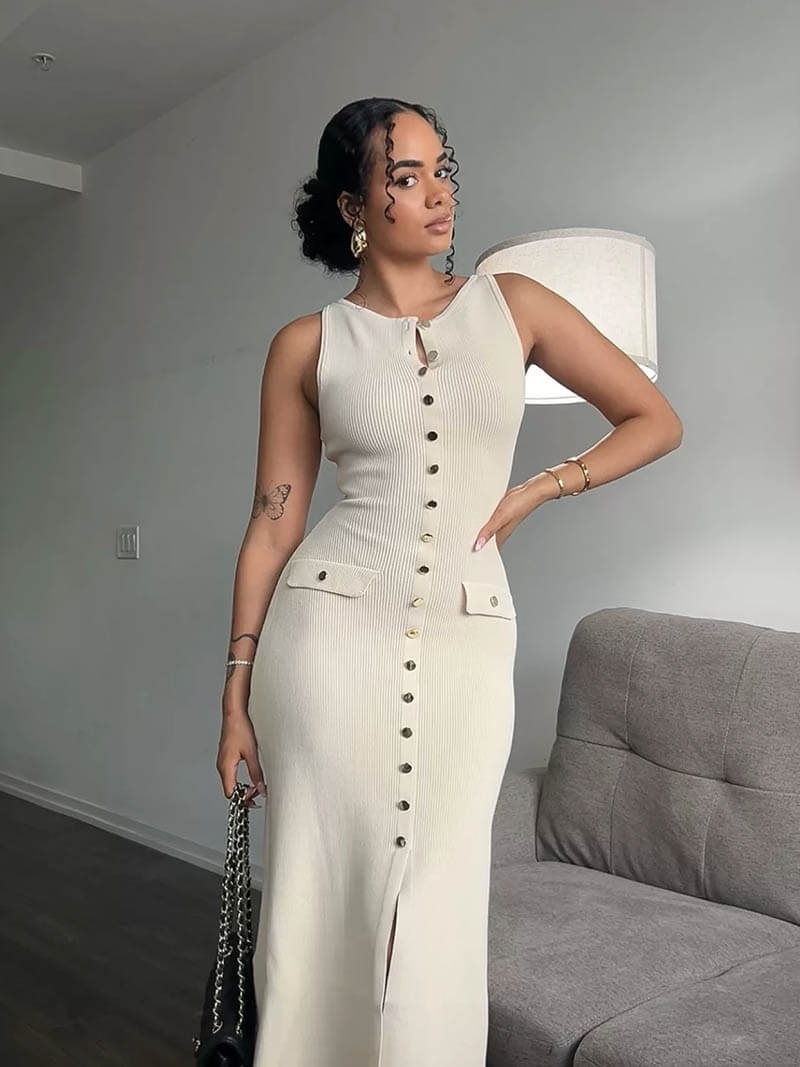 Charlotte | Elegant Button Front Sleeveless Maxi Dress