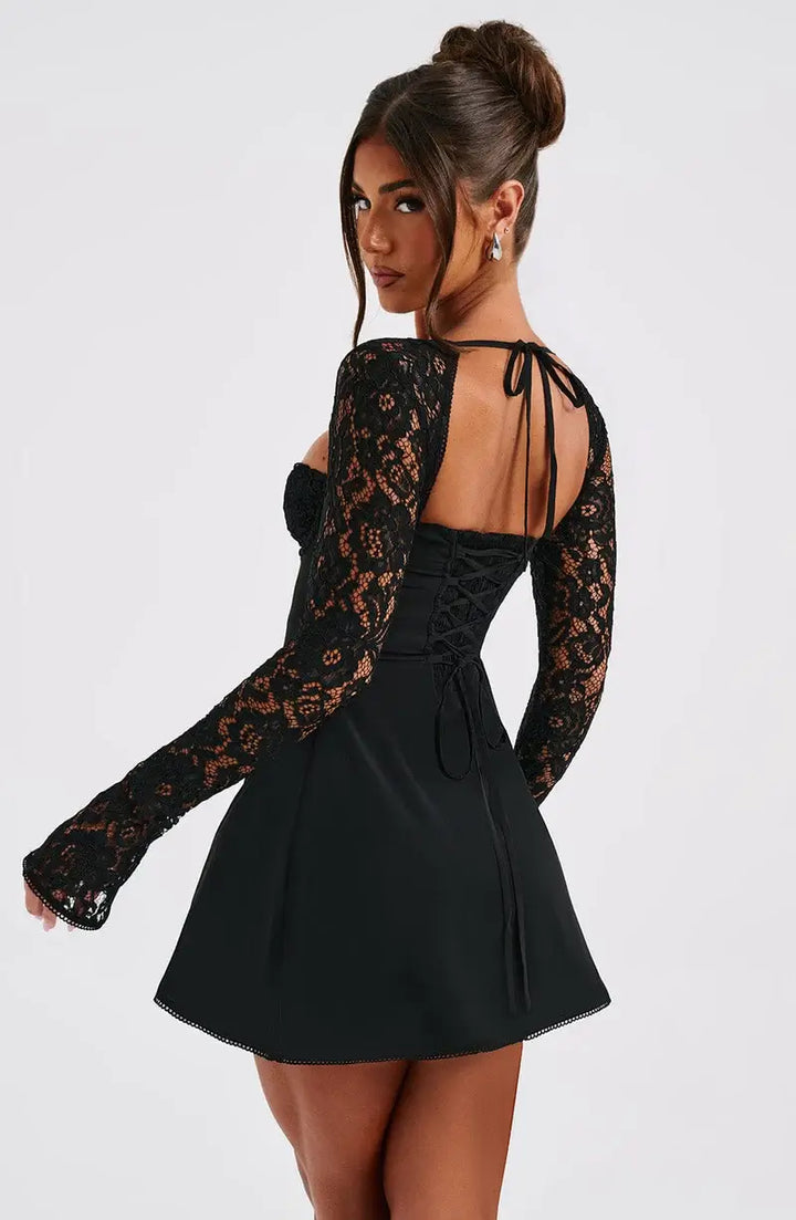 Women's Lace Sleeve Mini Party Dress with Sweetheart Neckline