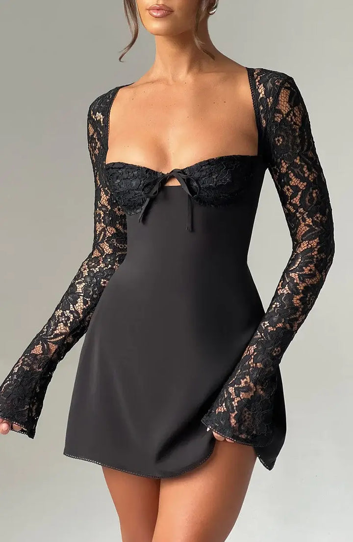 Women's Lace Sleeve Mini Party Dress with Sweetheart Neckline