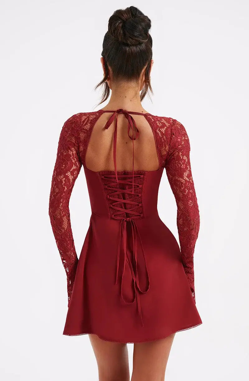 Women's Lace Sleeve Mini Party Dress with Sweetheart Neckline