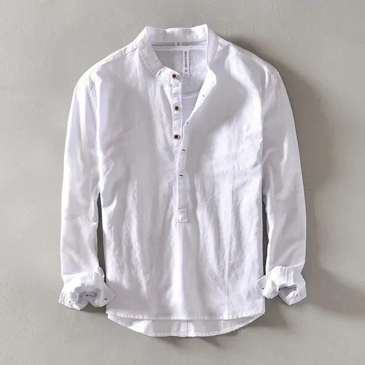 Men's Linen Blend Popover Shirt with Band Collar