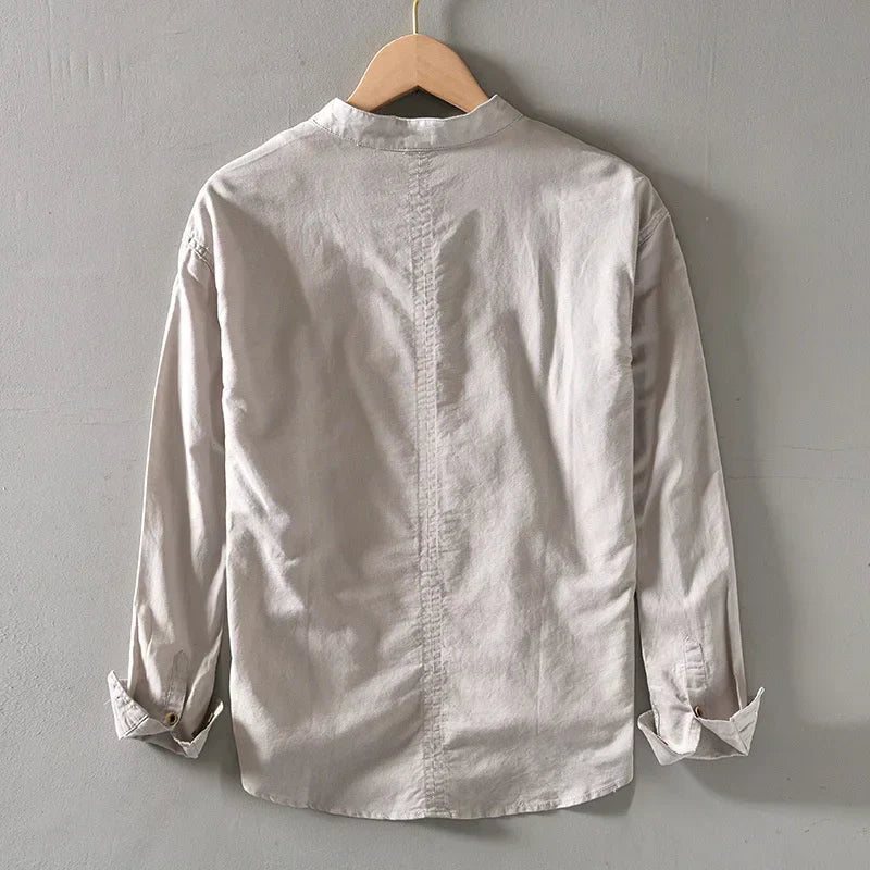 Men's Linen Blend Popover Shirt with Band Collar
