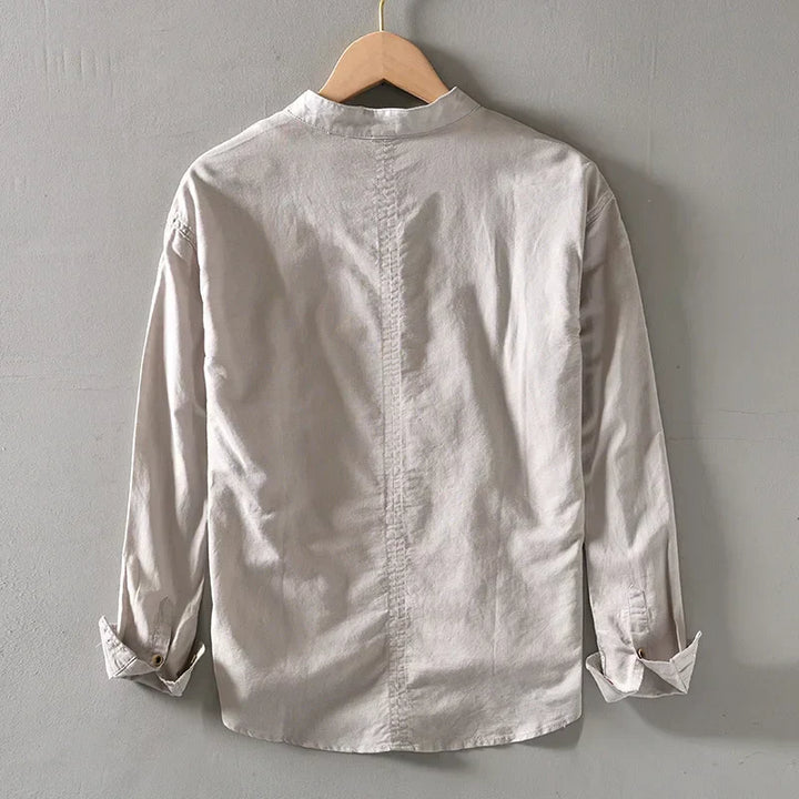 Men's Linen Blend Popover Shirt with Band Collar