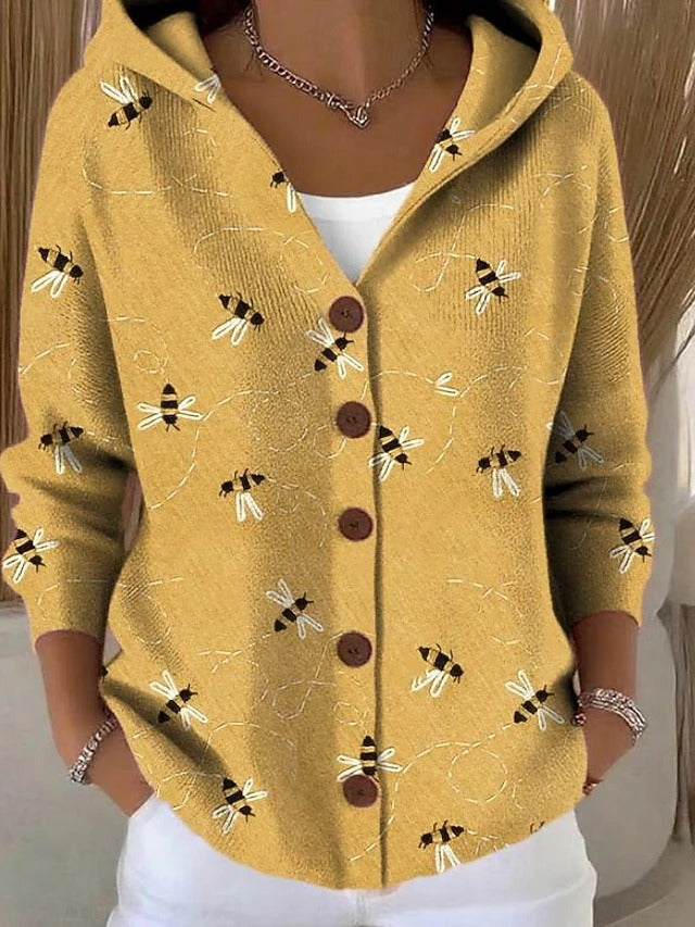 Women's Button-Front Hooded Cardigan with Vintage Print