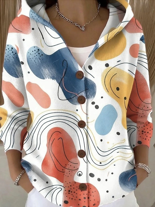 Women's Button-Front Hooded Cardigan with Vintage Print