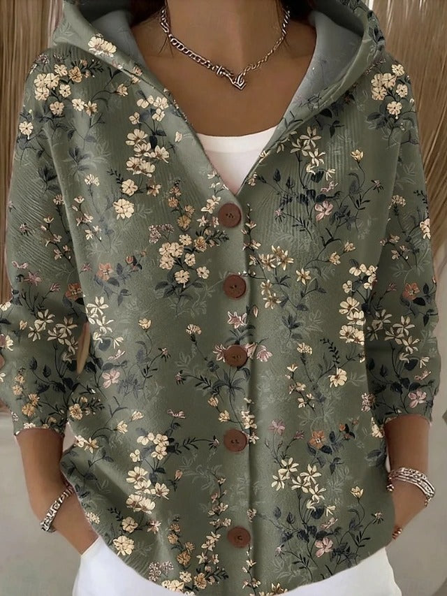 Women's Button-Front Hooded Cardigan with Vintage Print