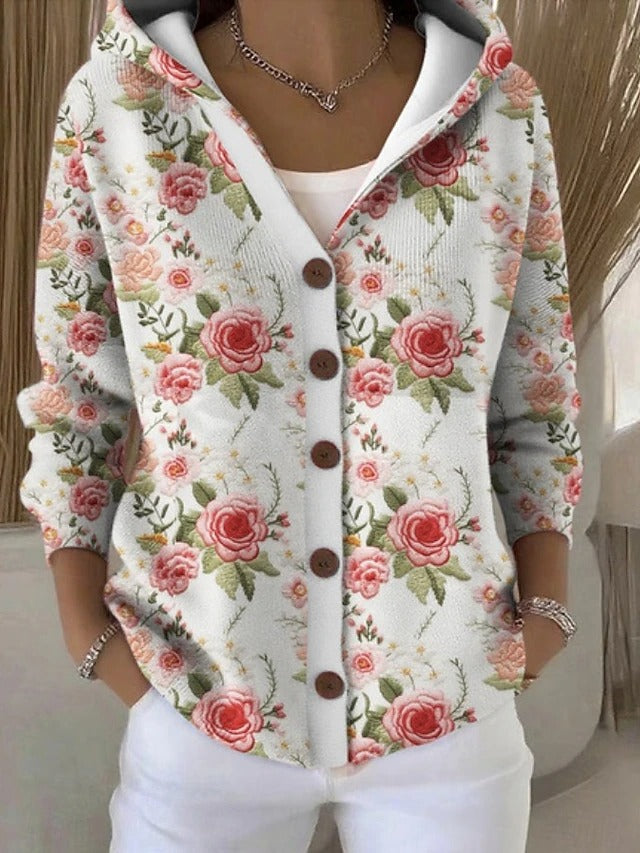 Women's Button-Front Hooded Cardigan with Vintage Print