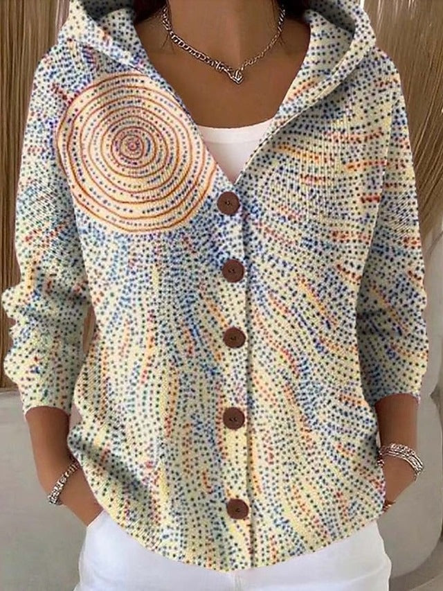 Women's Button-Front Hooded Cardigan with Vintage Print
