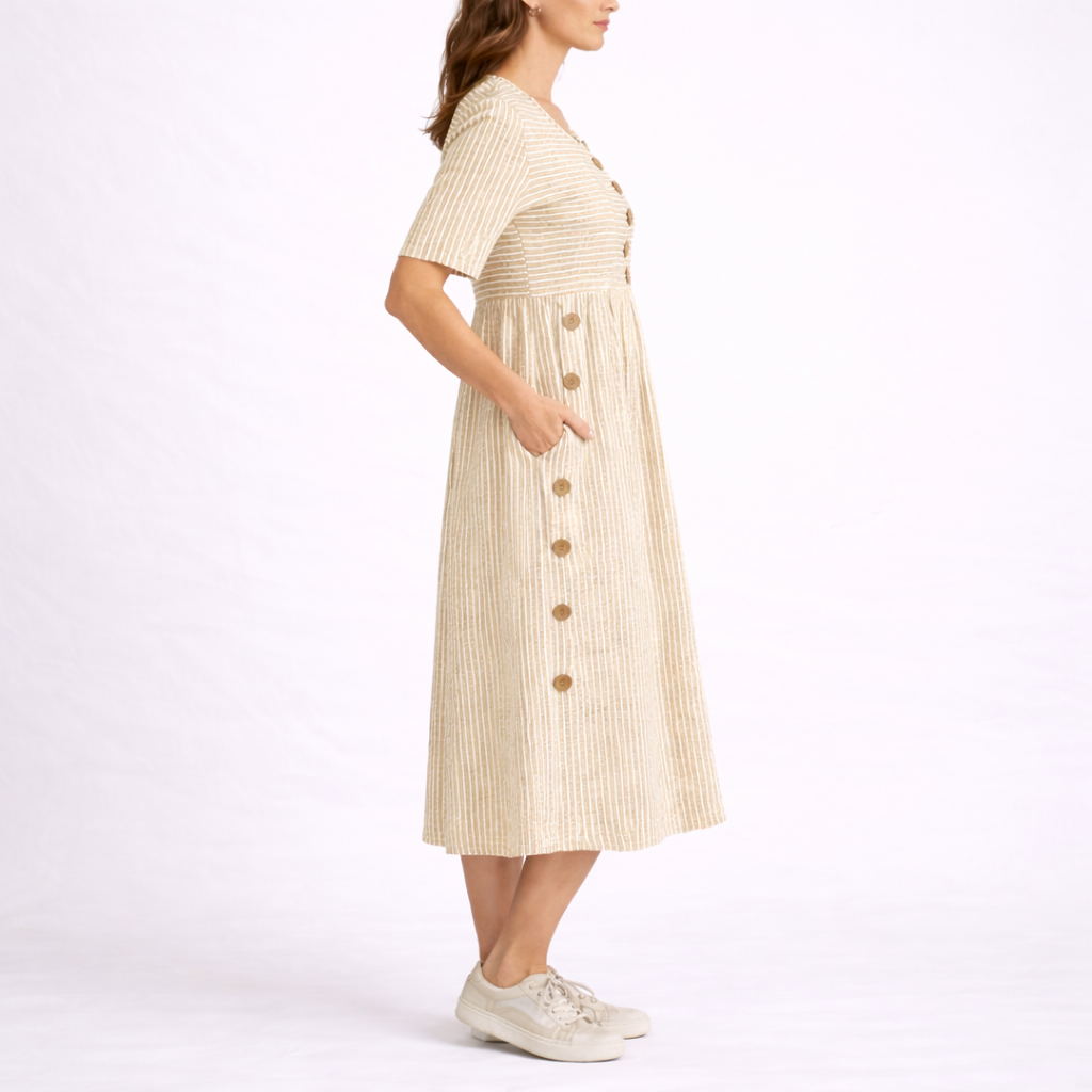 Women's Striped Midi Dress with Button Detail