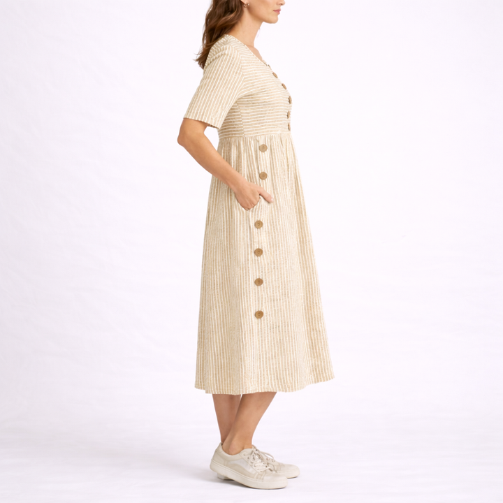 Women's Striped Midi Dress with Button Detail