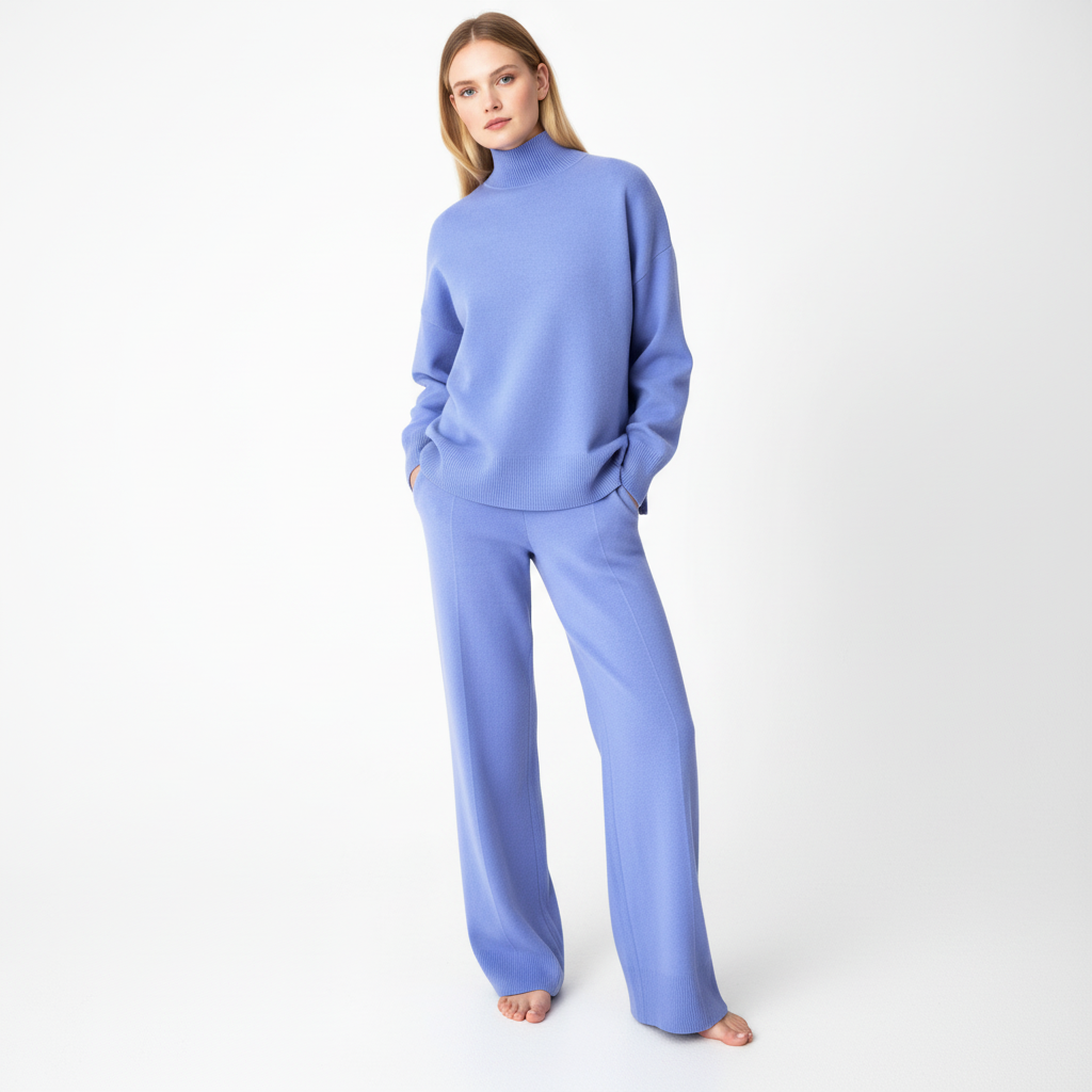 Women's Ribbed Knit Roll Neck Loungewear Set with Wide-Leg Trousers
