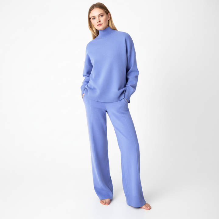 Women's Ribbed Knit Roll Neck Loungewear Set with Wide-Leg Trousers
