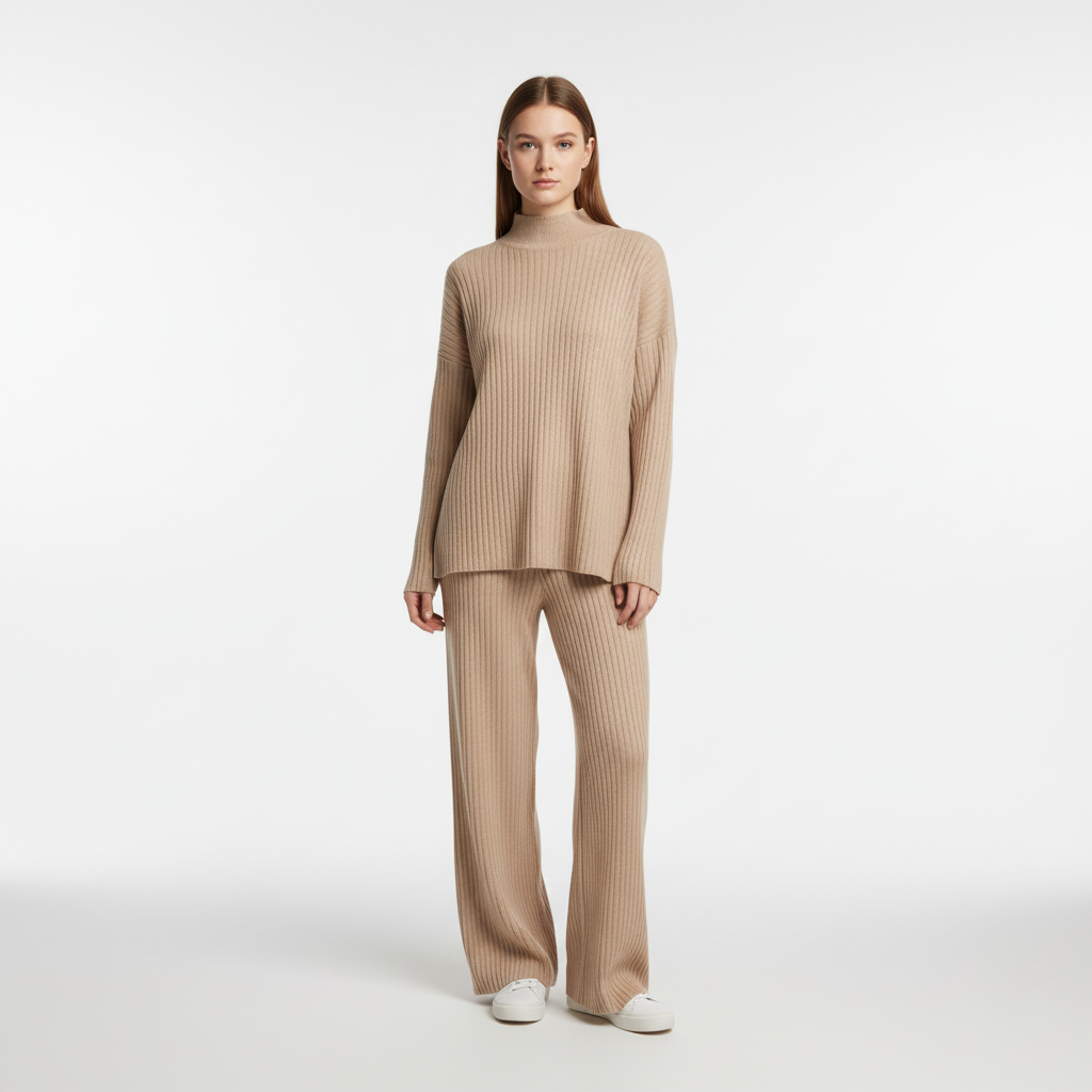 Women's Ribbed Knit Roll Neck Loungewear Set with Wide-Leg Trousers