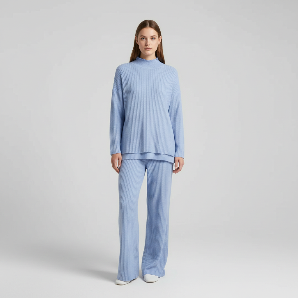 Women's Ribbed Knit Roll Neck Loungewear Set with Wide-Leg Trousers