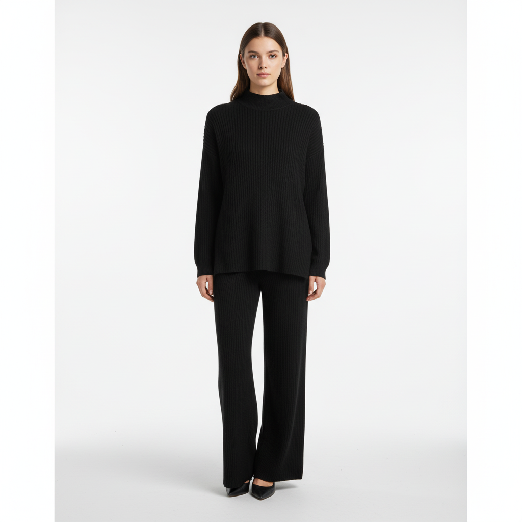 Women's Ribbed Knit Roll Neck Loungewear Set with Wide-Leg Trousers