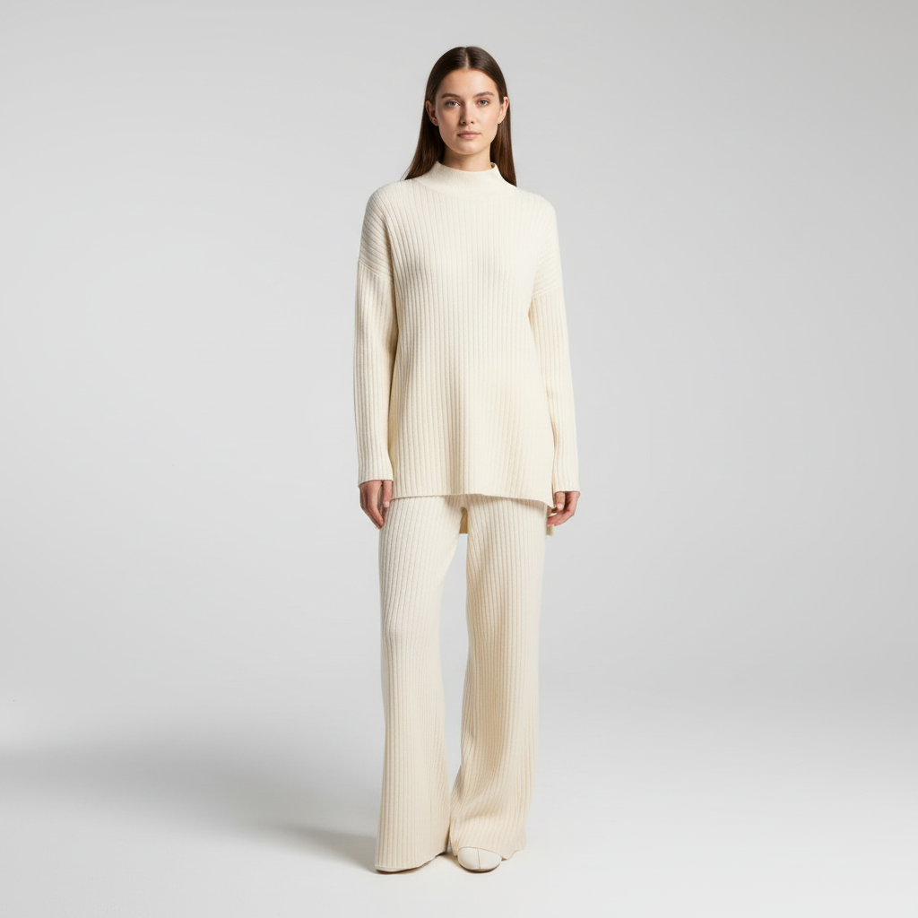 Women's Ribbed Knit Roll Neck Loungewear Set with Wide-Leg Trousers