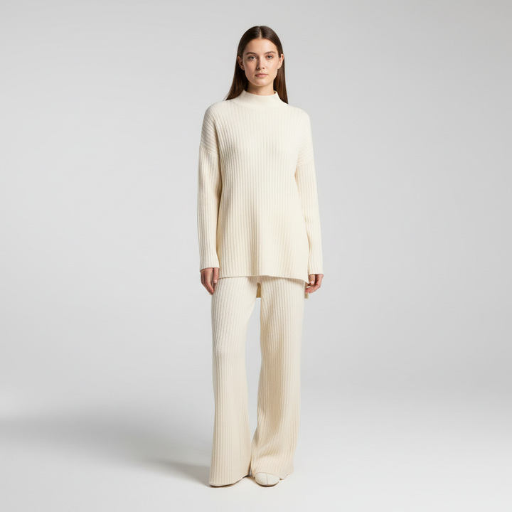 Women's Ribbed Knit Roll Neck Loungewear Set with Wide-Leg Trousers