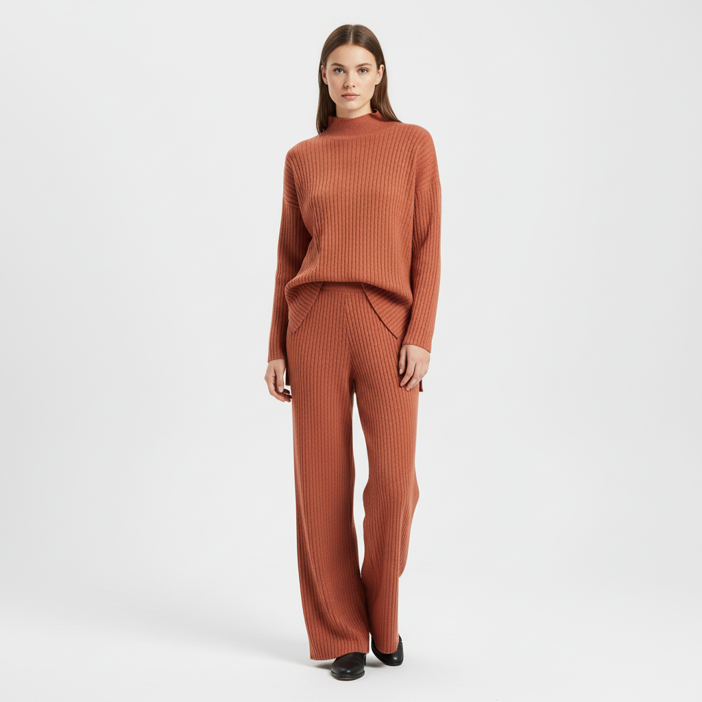 Women's Ribbed Knit Roll Neck Loungewear Set with Wide-Leg Trousers