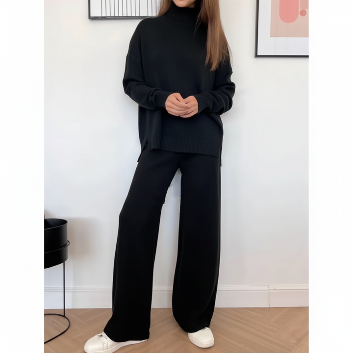 Women's Ribbed Knit Roll Neck Loungewear Set with Wide-Leg Trousers