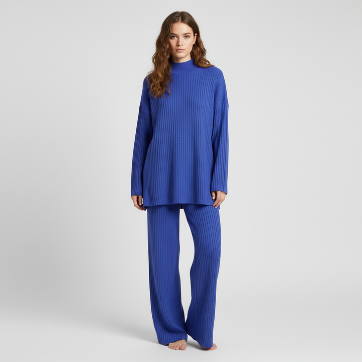 Women's Ribbed Knit Roll Neck Loungewear Set with Wide-Leg Trousers
