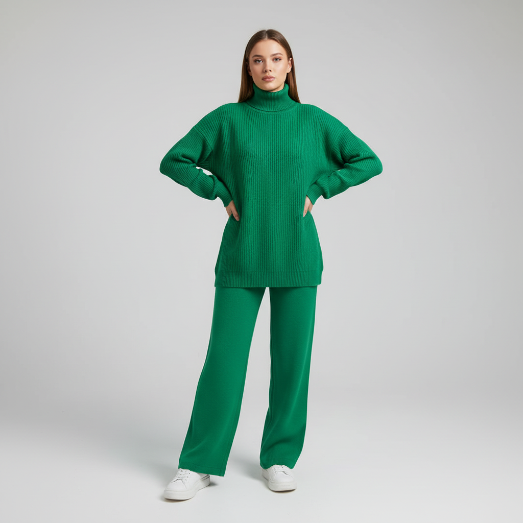 Women's Ribbed Knit Roll Neck Loungewear Set with Wide-Leg Trousers