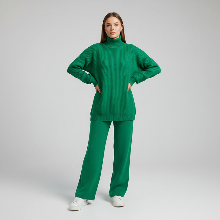 Women's Ribbed Knit Roll Neck Loungewear Set with Wide-Leg Trousers