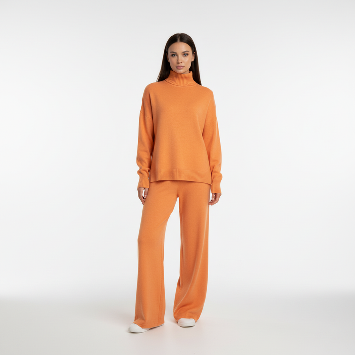 Women's Ribbed Knit Roll Neck Loungewear Set with Wide-Leg Trousers