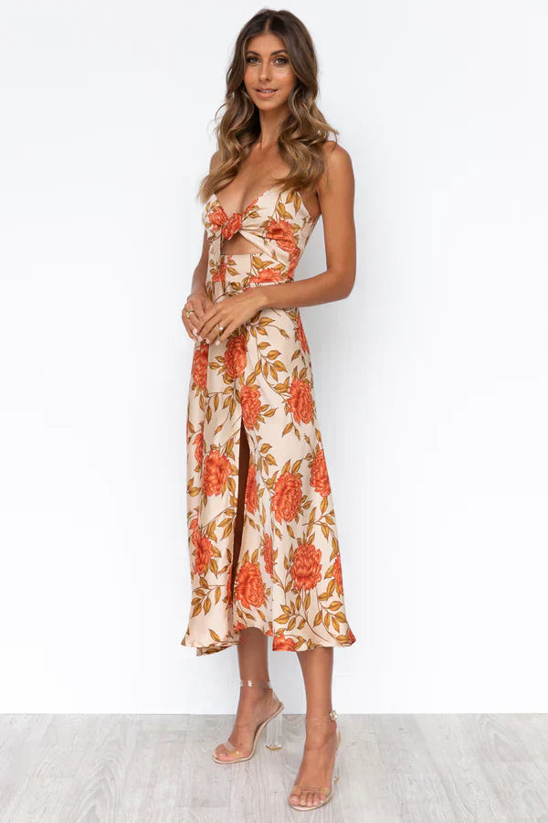 Eliana | Satin Cut Out Floral Midi Dress