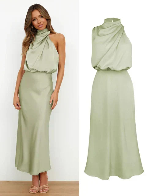 Amelia | Satin High Neck Midi Cocktail Dress
