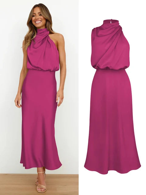 Amelia | Satin High Neck Midi Cocktail Dress