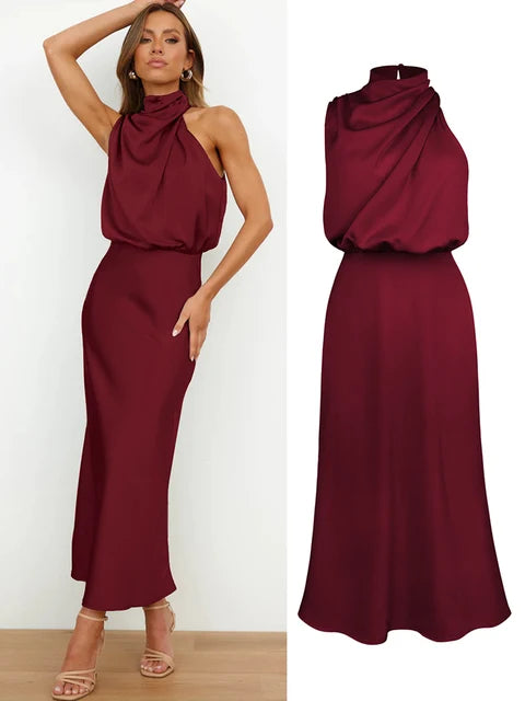 Amelia | Satin High Neck Midi Cocktail Dress