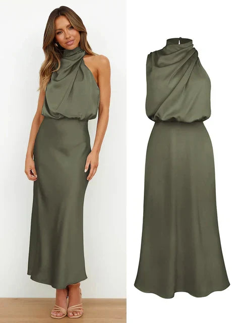 Amelia | Satin High Neck Midi Cocktail Dress