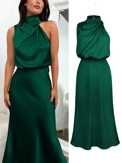 Amelia | Satin High Neck Midi Cocktail Dress