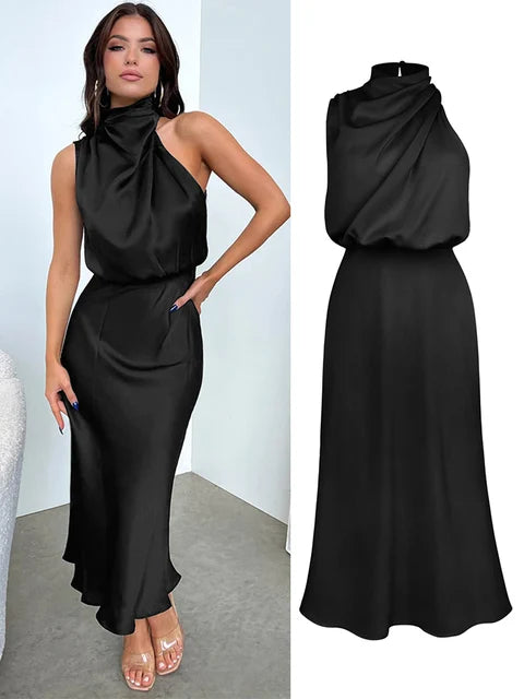 Amelia | Satin High Neck Midi Cocktail Dress