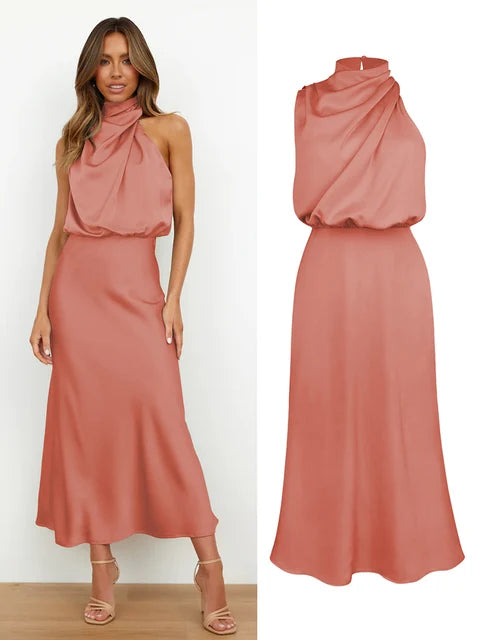 Amelia | Satin High Neck Midi Cocktail Dress