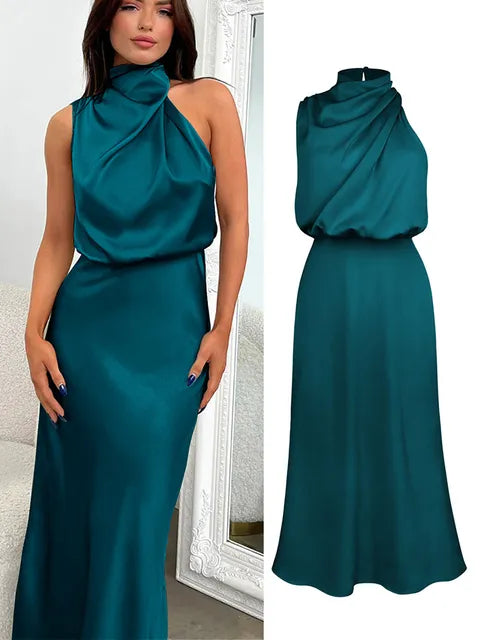 Amelia | Satin High Neck Midi Cocktail Dress