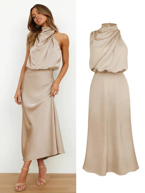 Amelia | Satin High Neck Midi Cocktail Dress