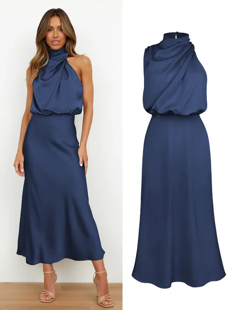 Amelia | Satin High Neck Midi Cocktail Dress