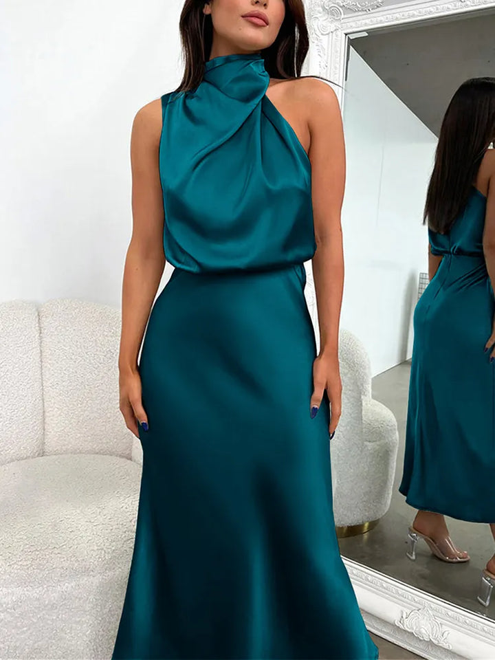 Amelia | Satin High Neck Midi Cocktail Dress