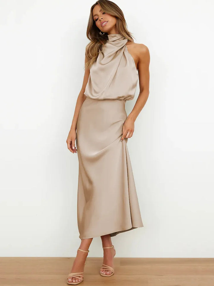 Amelia | Satin High Neck Midi Cocktail Dress