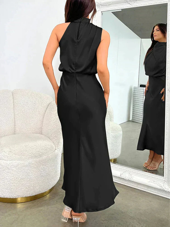 Amelia | Satin High Neck Midi Cocktail Dress