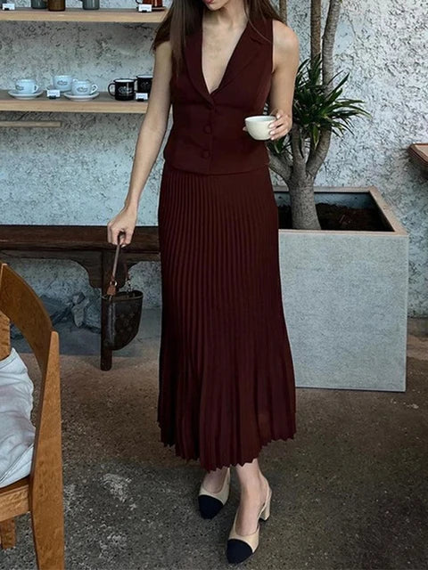 Vivienne | Tailored Sleeveless Vest And Pleated Skirt Set