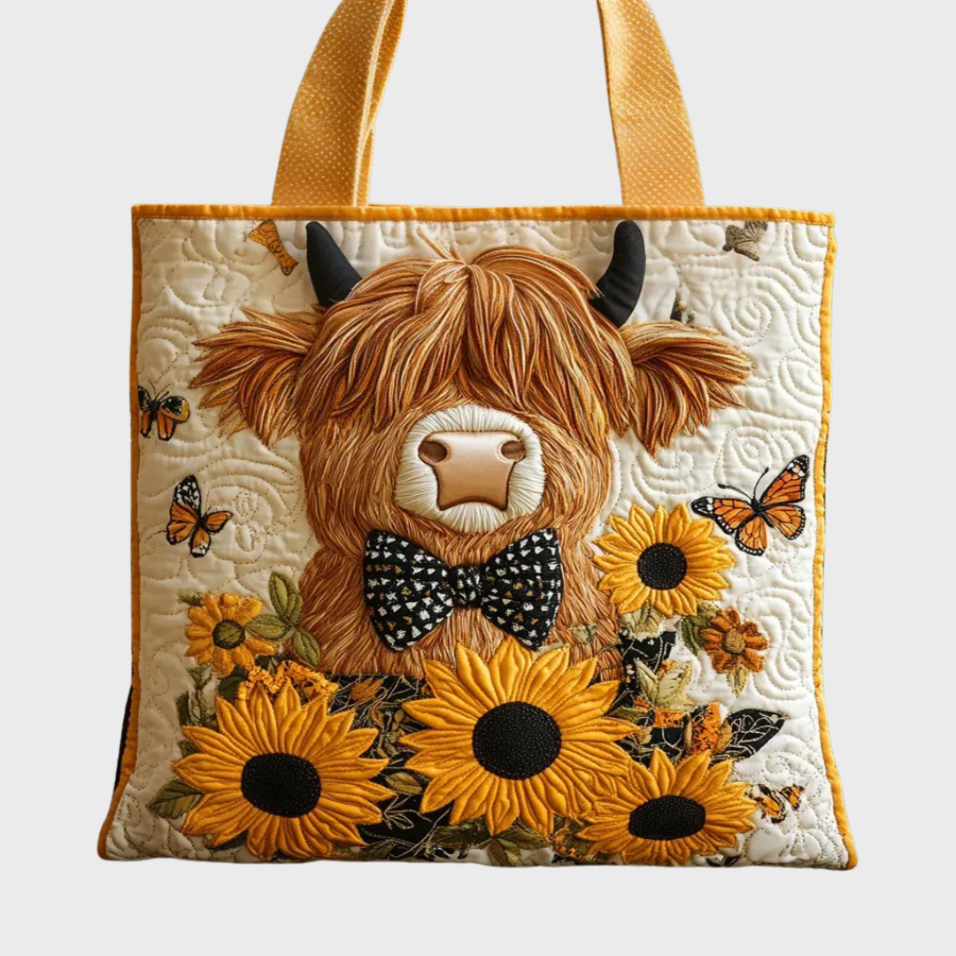 Women's Quilted Highland Cow Tote Bag with Sunflower Print