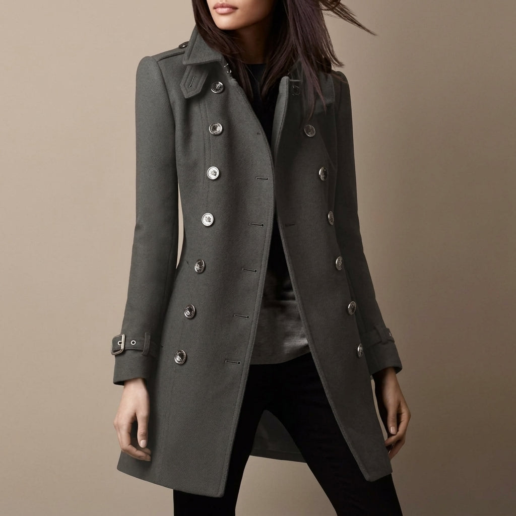 Women's Double-Breasted Military Coat with Notch Lapel